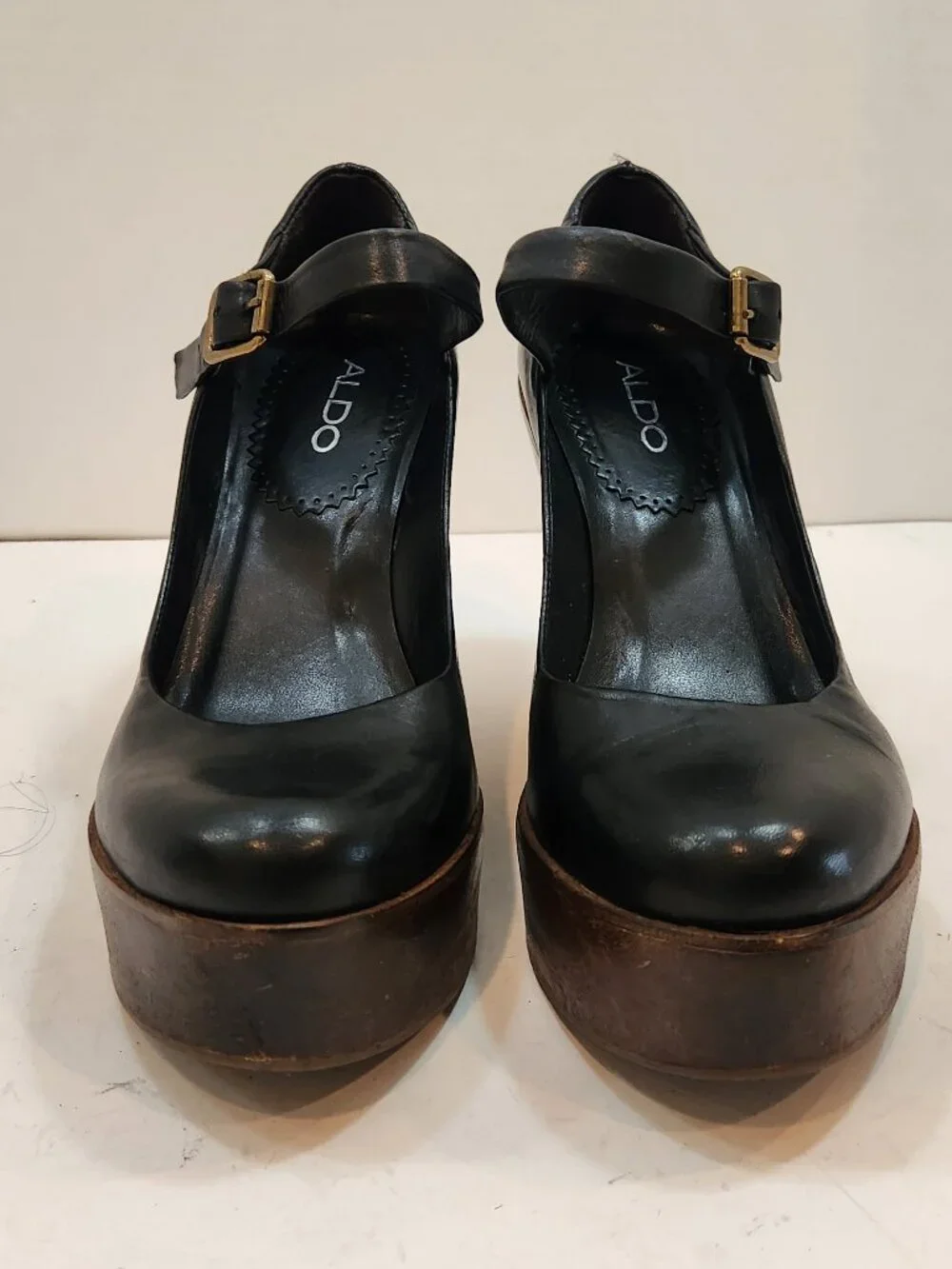 ALDO Retro Wood Platform Wedge Mary Janes Black Leather 6.5